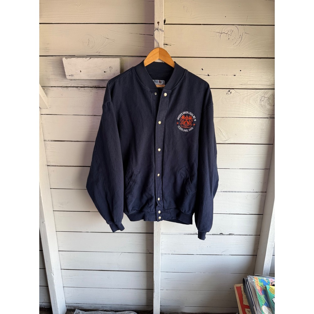 Vintage Time Out Bakers Union Local 19 Cleveland Bomber Jacket Mens XL Navy USA